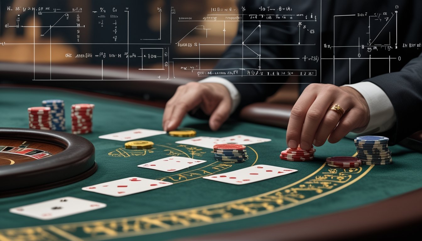 Meja permainan Baccarat dengan kartu dan tumpukan chip, serta tangan yang sedang memasang taruhan.