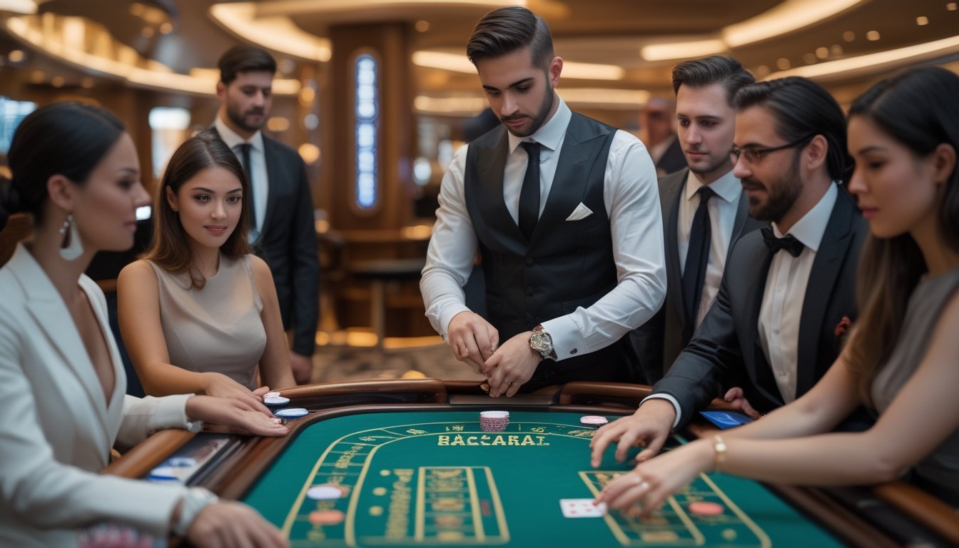 Seorang dealer dan pemain berpakaian rapi sedang bermain baccarat di meja kasino dengan suasana mewah dan profesional.