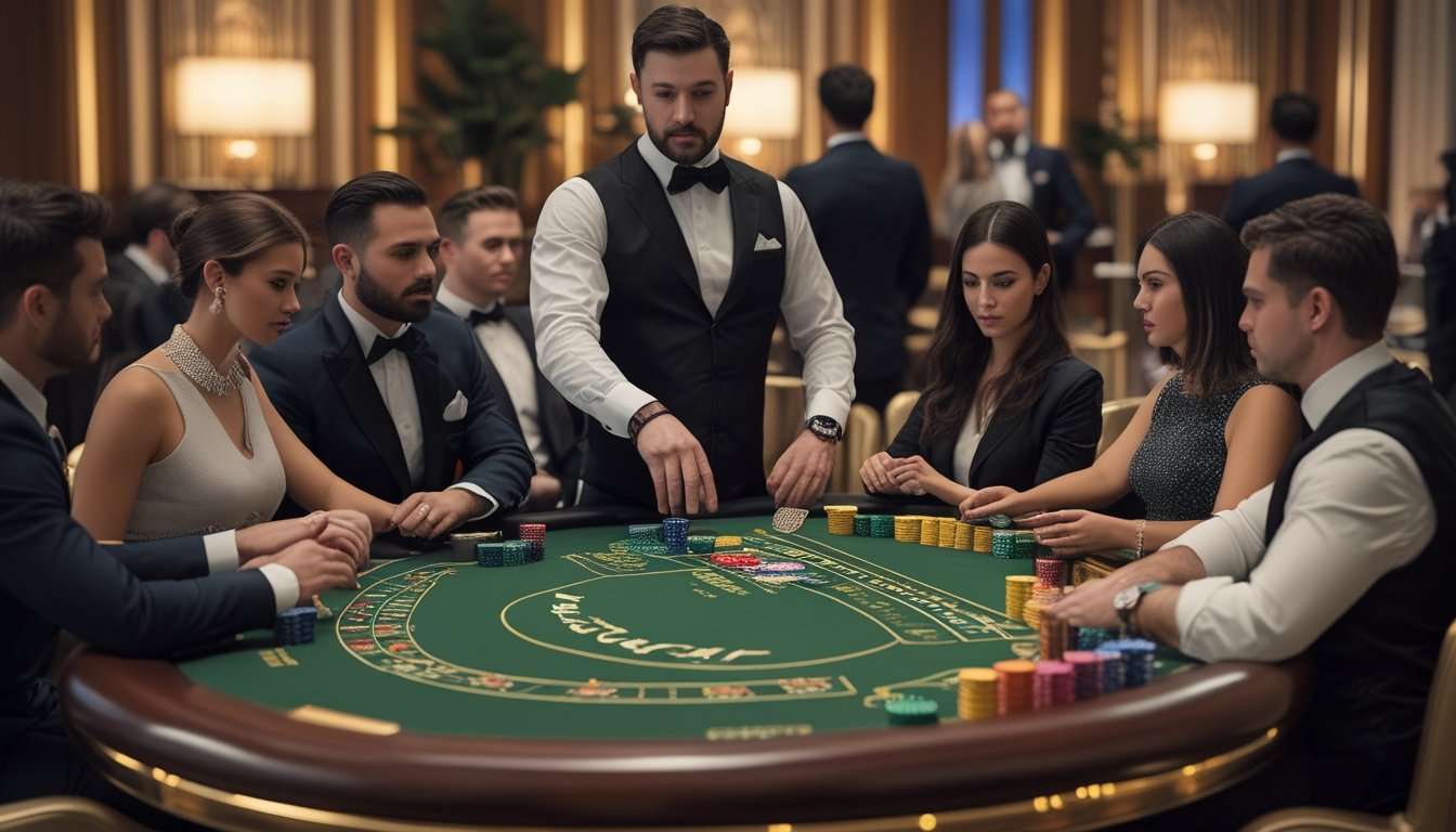 Beberapa pemain berpakaian rapi duduk di meja baccarat klasik di kasino, dengan dealer yang membagikan kartu di meja hijau.