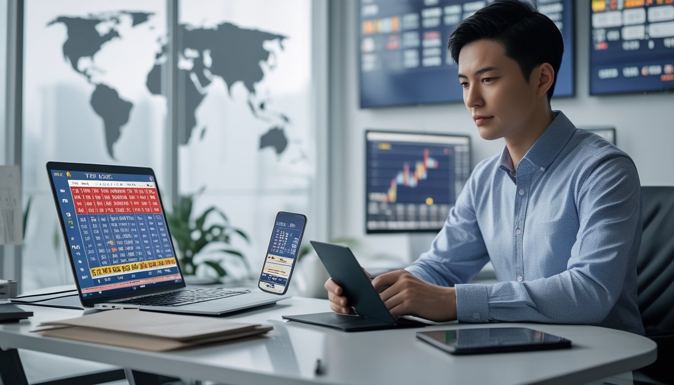 Seseorang duduk di meja kerja dengan laptop dan ponsel, menganalisis data terkait permainan Toto Macau di lingkungan kantor yang terang dan rapi.