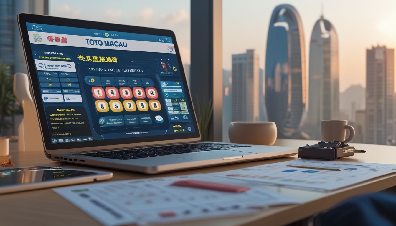 Meja kerja dengan laptop dan ponsel yang menampilkan antarmuka permainan Toto Macau, dikelilingi oleh kertas berisi grafik, dengan latar belakang pemandangan kota Macau yang samar.