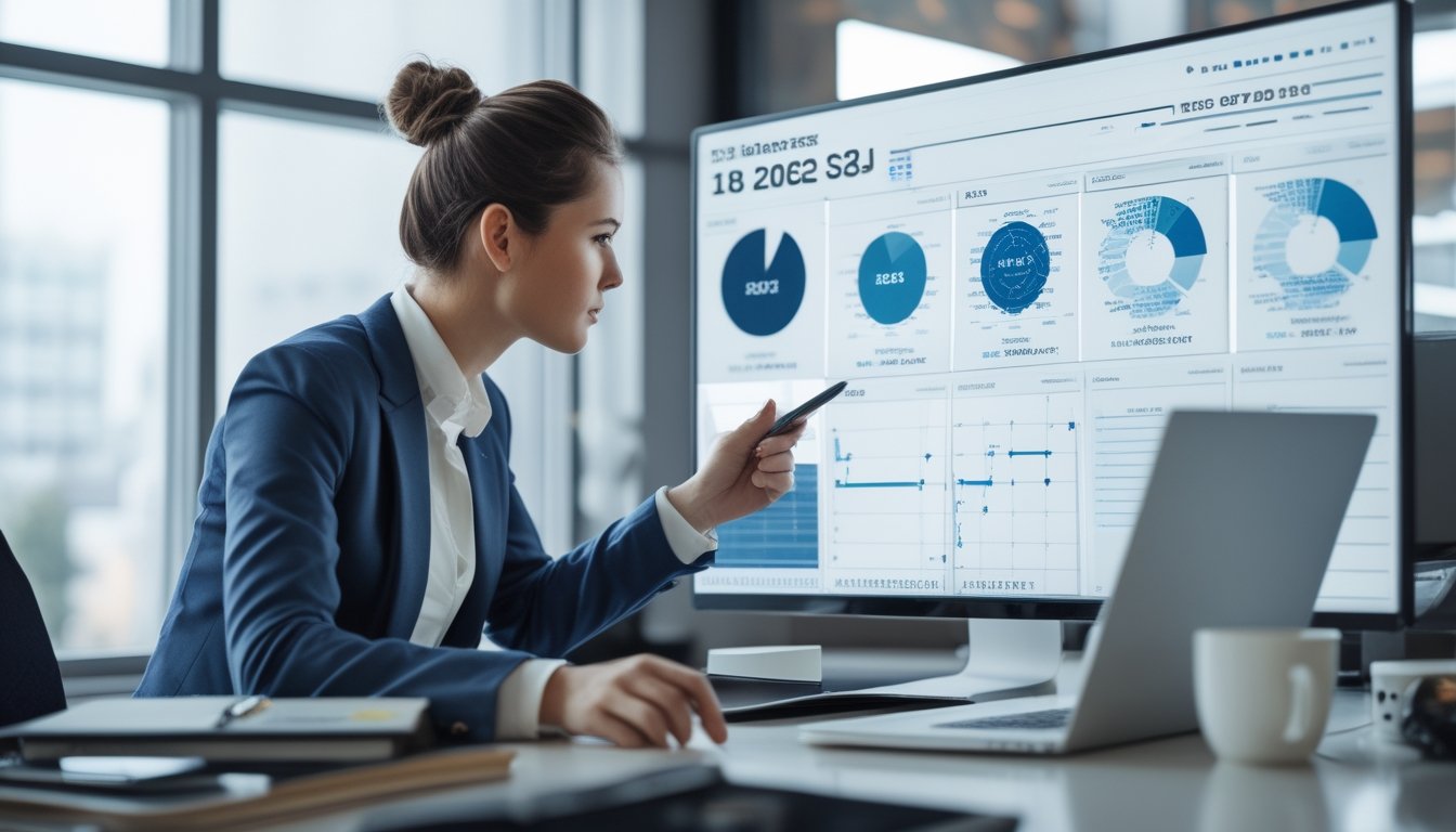 Seseorang sedang menganalisis data angka pada layar komputer di sebuah kantor modern.