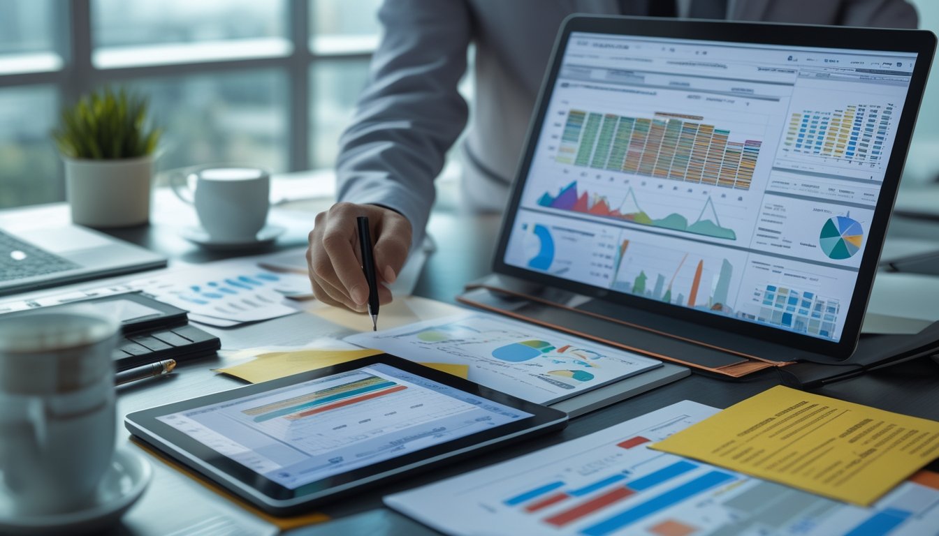 Seorang profesional sedang menganalisis data angka di meja kerja dengan laptop dan tablet yang menampilkan grafik dan angka.
