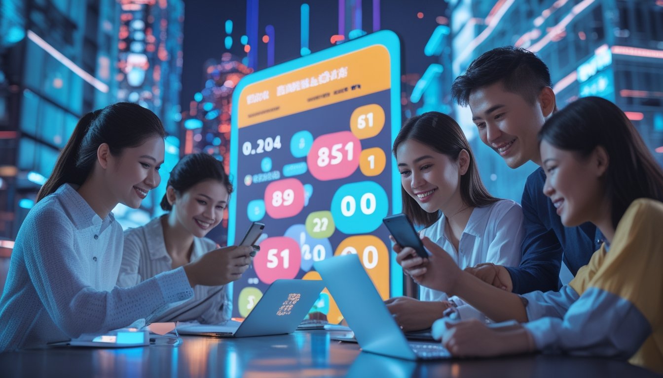 Orang-orang Indonesia menggunakan perangkat digital untuk memeriksa hasil lotre di lingkungan perkotaan yang modern dan ramai.
