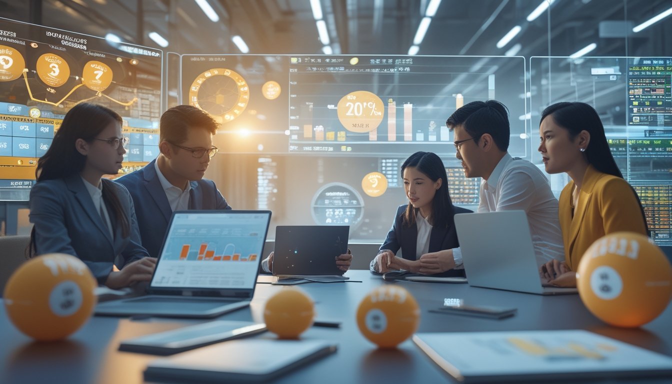 Sejumlah profesional Indonesia sedang bekerja bersama di kantor modern dengan layar digital menampilkan data dan statistik terkait pasar Toto Macau.