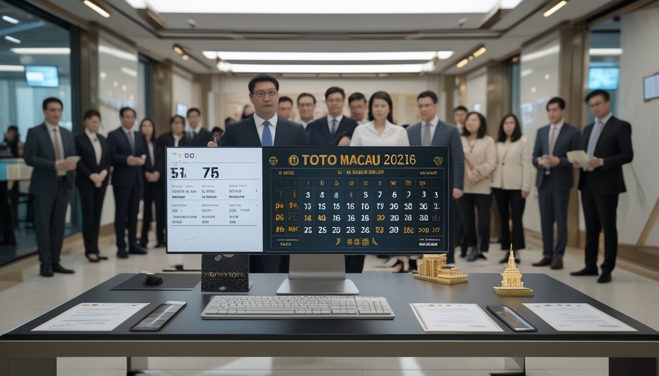 Suasana kantor modern dengan orang-orang yang mengamati proses pengundian togel secara resmi.