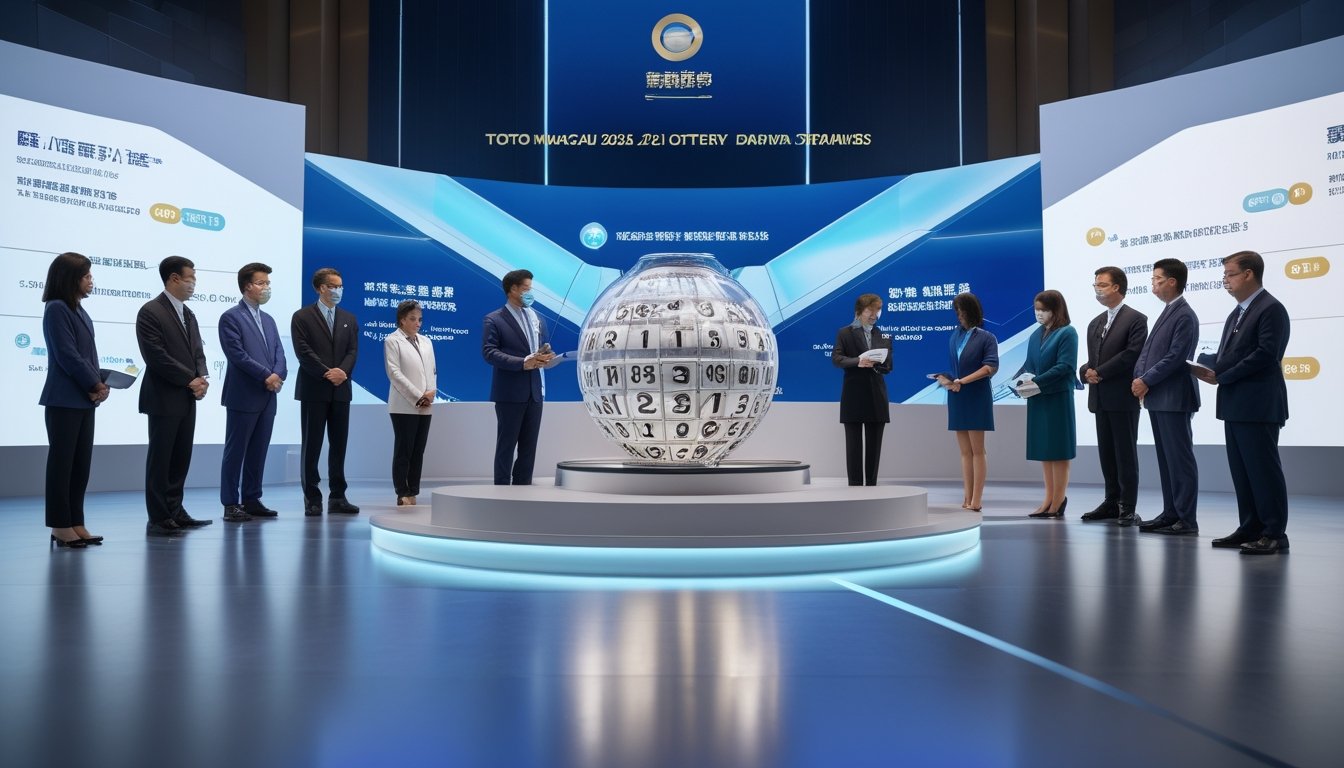 Suasana acara resmi pengundian lotere dengan panggung modern, drum lotere transparan berisi bola bernomor, dan beberapa petugas berpakaian formal yang mengelola acara.