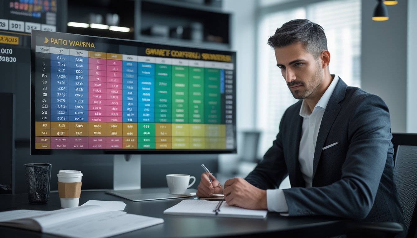 Seorang pria sedang menganalisis grafik warna-warni di depan komputer di ruang kerja yang rapi dan modern.