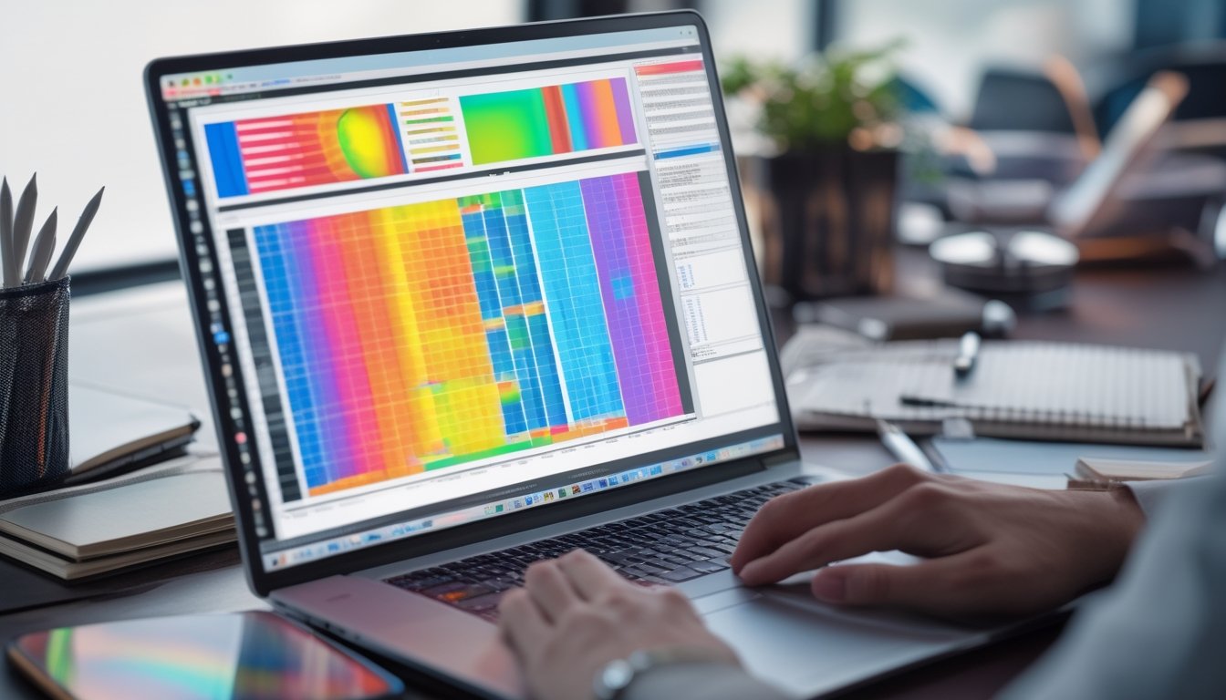 Seorang profesional sedang bekerja dengan laptop yang menampilkan tabel warna-warni dan grafik data di sebuah meja kerja yang rapi.