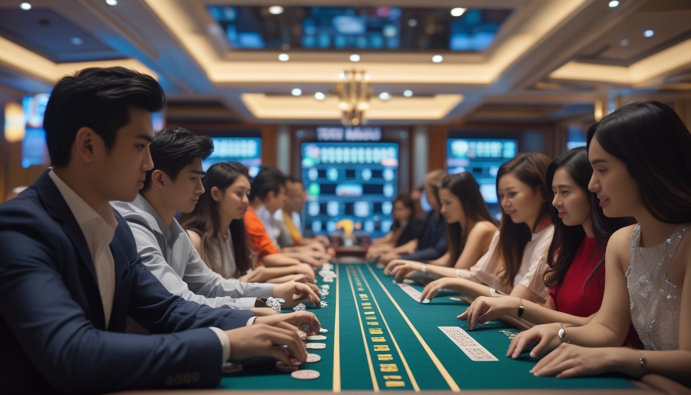 Sejumlah pemain muda sedang memasang taruhan di meja Toto Macau di dalam kasino modern dengan pemandangan kota Macau di latar belakang.