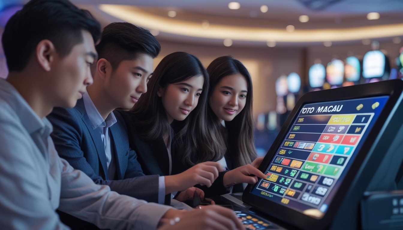 Orang-orang sedang menggunakan terminal taruhan digital di kasino dengan suasana modern dan pencahayaan yang baik.