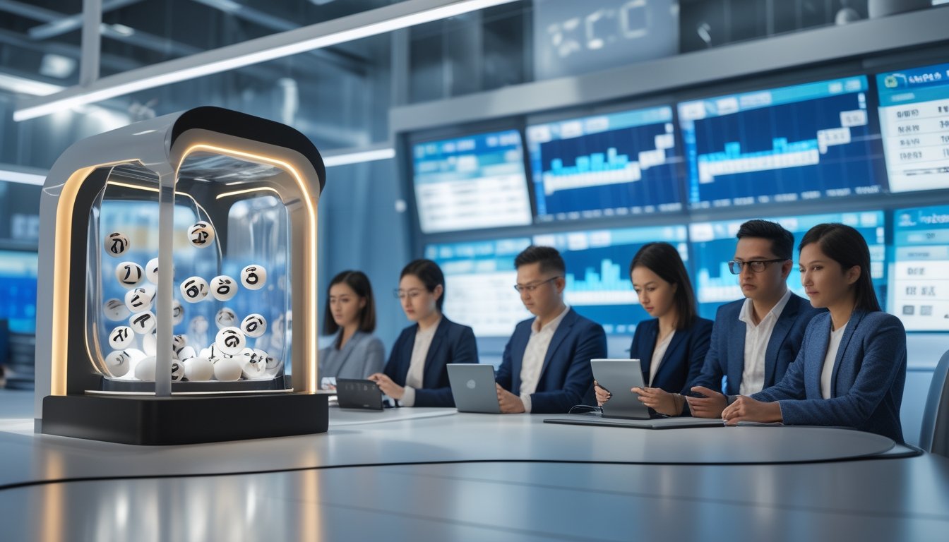 Suasana ruang kantor modern dengan mesin undian lotere dan layar digital menampilkan hasil live draw Toto Macau tahun 2026, dengan beberapa orang yang sedang memantau proses undian.
