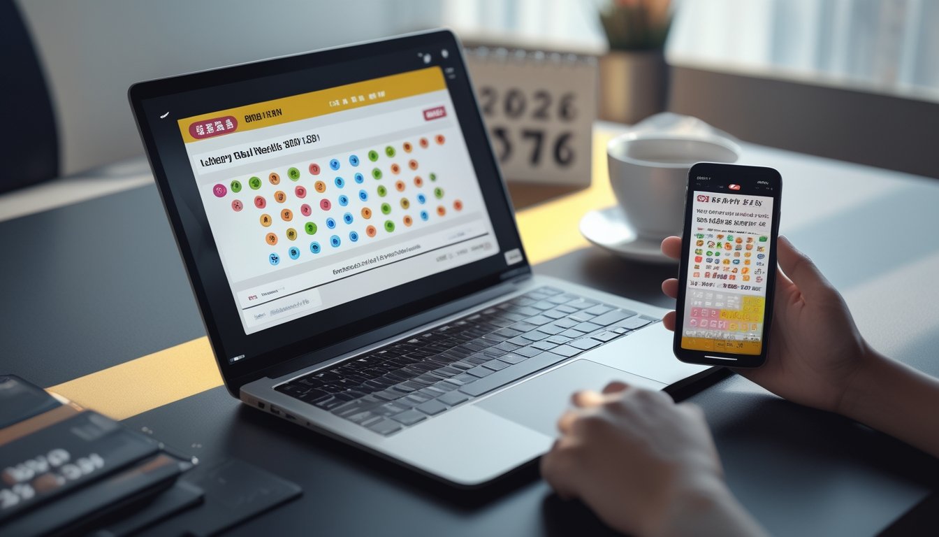 Seorang profesional menggunakan laptop dan ponsel untuk memeriksa hasil live draw Toto Macau di meja kerja dengan kalender dan cangkir kopi di latar belakang.