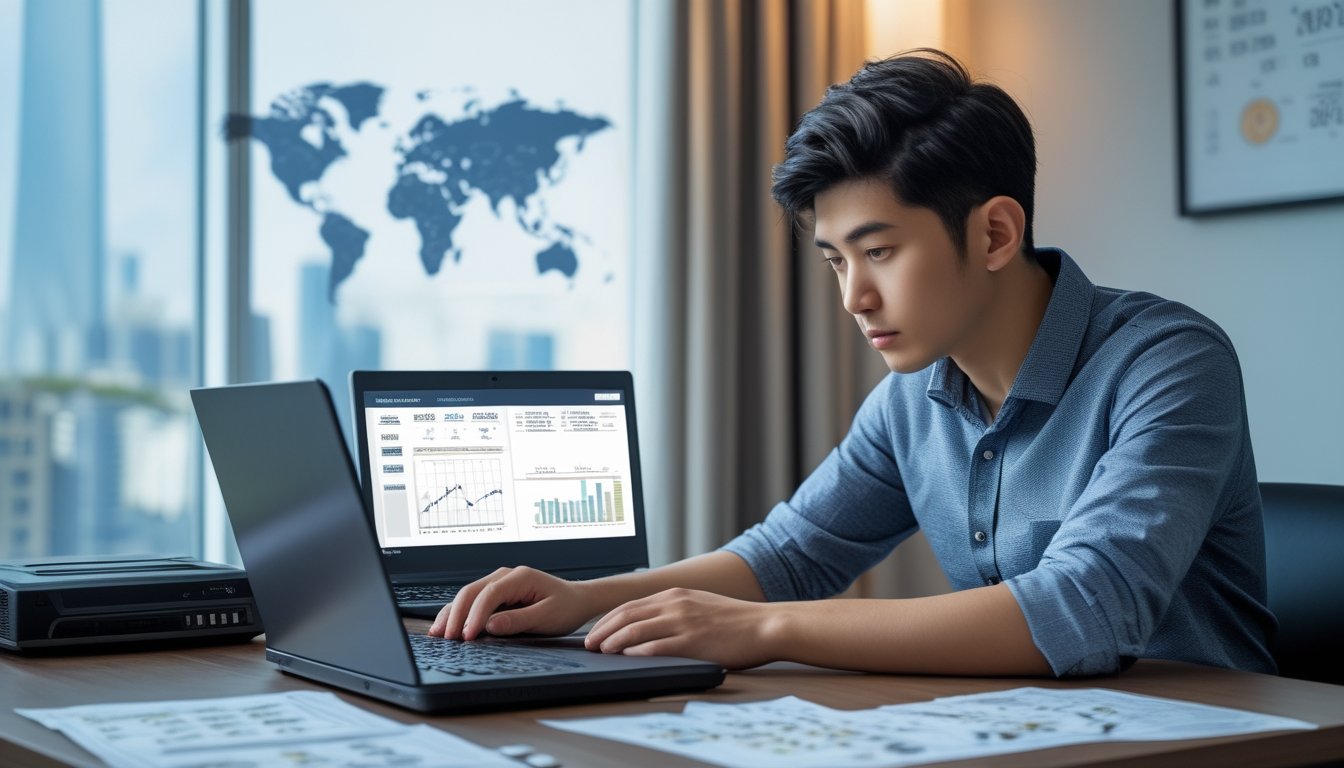 Seorang pria muda sedang duduk di meja dengan laptop, kalkulator, dan kertas, fokus menganalisis strategi keuangan.