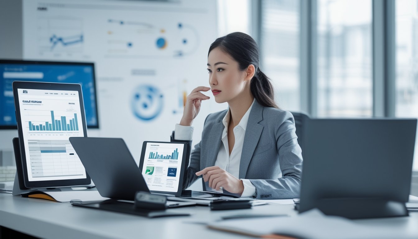 Seorang wanita bisnis duduk di meja dengan perangkat digital dan dokumen, sedang menganalisis data keuangan di sebuah kantor terang.