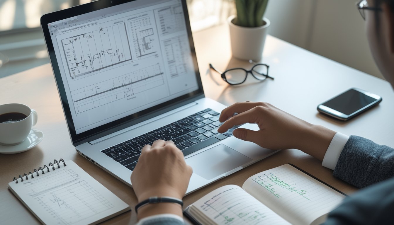 Meja kerja dengan laptop yang menampilkan rumus dan grafik, tangan seseorang menunjuk data, serta buku catatan dengan perhitungan angka.