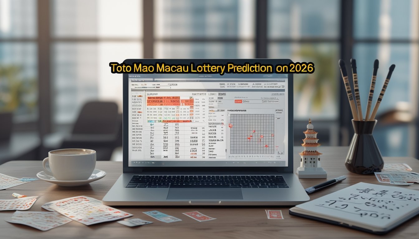 Meja kerja modern dengan laptop, tiket lotere, dan catatan perhitungan terkait prediksi angka Toto Macau 2026.