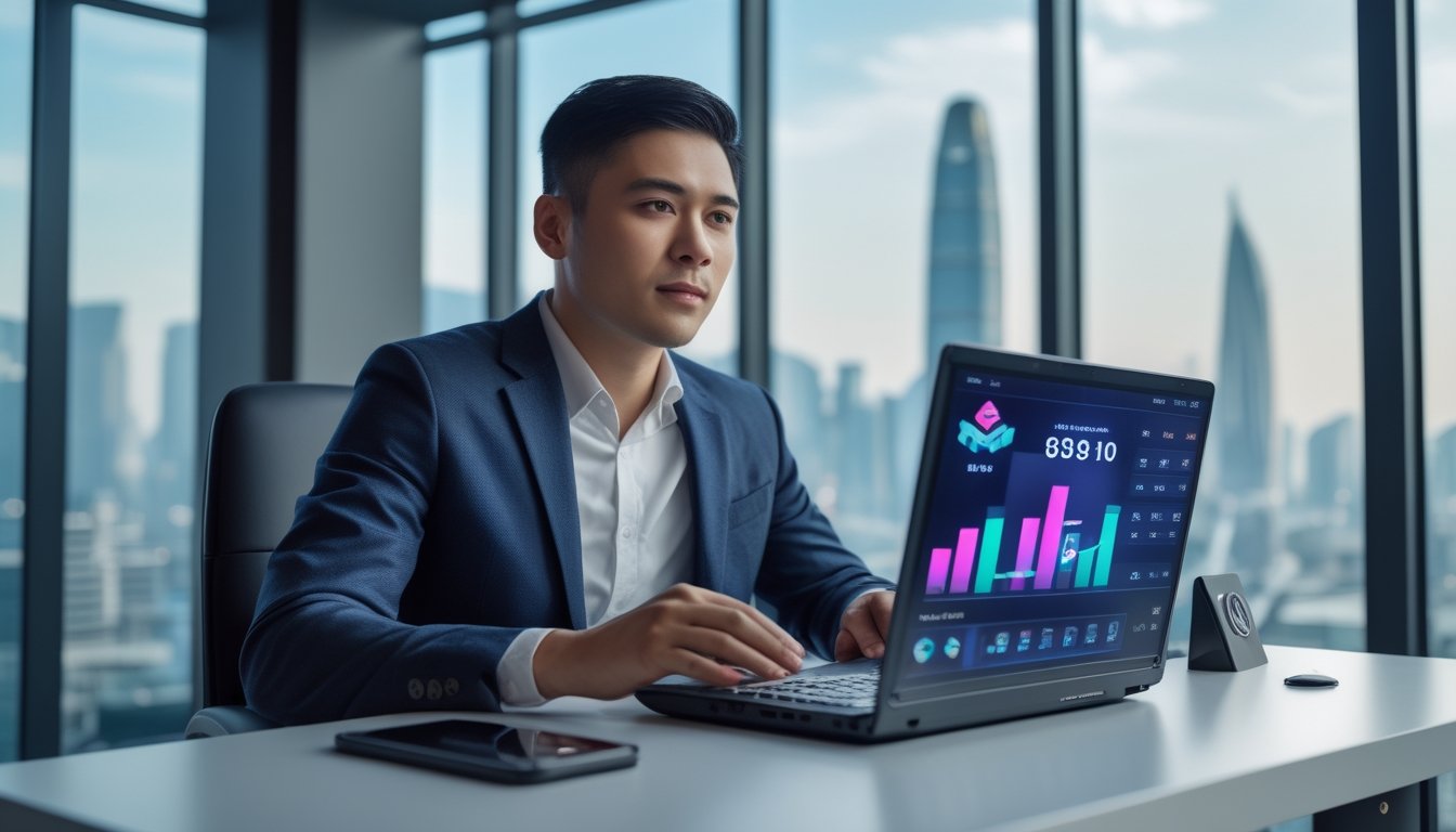 Seorang pria Indonesia duduk di meja modern dengan laptop yang menampilkan antarmuka permainan online, latar belakang kota Macau terlihat melalui jendela besar.