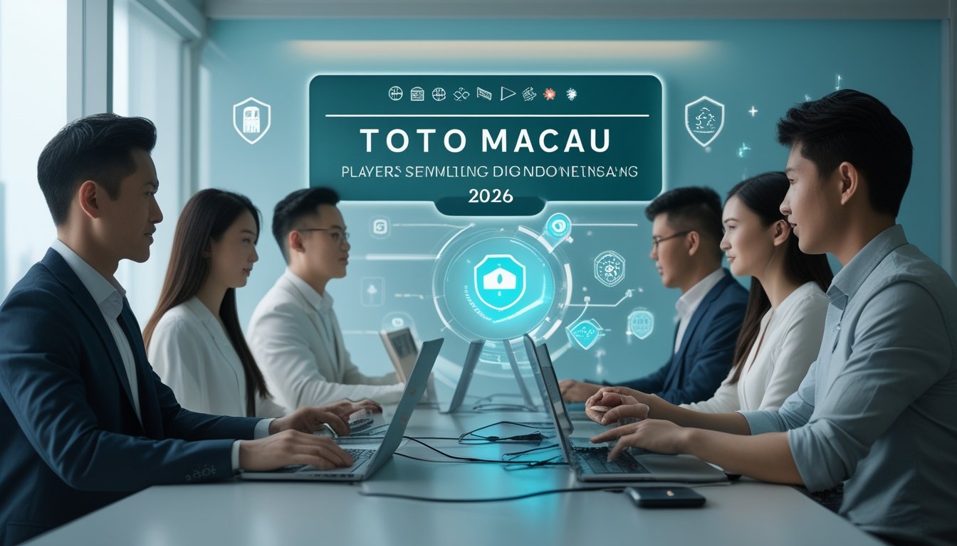 Sekelompok orang menggunakan laptop dan ponsel dalam ruangan modern yang terang, menunjukkan suasana taruhan online yang aman dan terpercaya.
