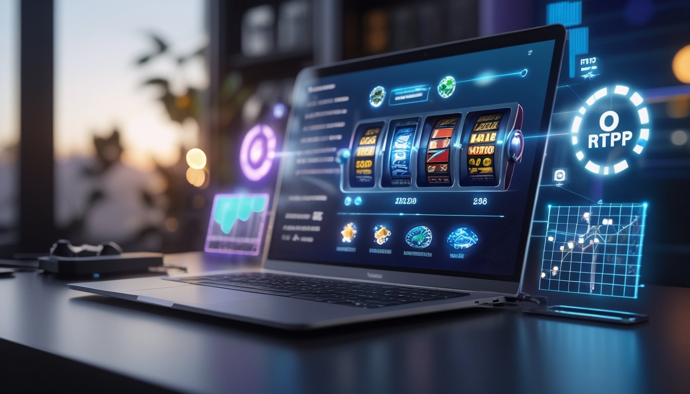 Sebuah setup permainan kasino online modern dengan layar komputer menampilkan permainan slot dan kartu, dikelilingi ikon dan grafik yang menunjukkan peluang menang tinggi.