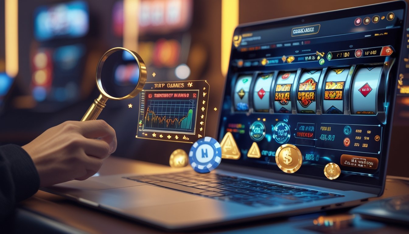 Sebuah laptop menampilkan permainan kasino online dengan simbol slot, kartu poker, dan roda roulette, dikelilingi oleh elemen yang melambangkan kriteria penting memilih permainan kasino.