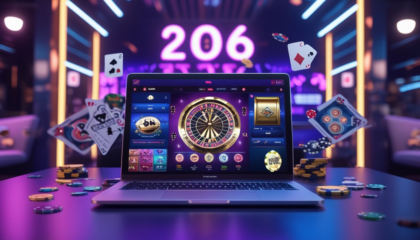 Sebuah setup permainan kasino online modern dengan komputer menampilkan berbagai permainan kasino populer dan suasana lounge permainan futuristik.
