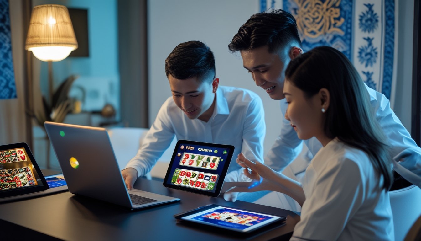 Seorang pria dan wanita muda Indonesia menggunakan beberapa perangkat digital untuk bermain permainan kasino online di ruang tamu yang modern dengan dekorasi batik.