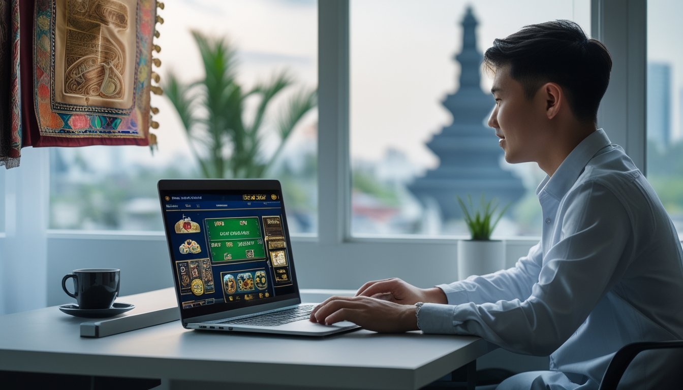 Seorang dewasa muda Indonesia duduk di meja dengan laptop yang menampilkan permainan kasino online, berada di lingkungan rumah atau kantor yang rapi dan aman.