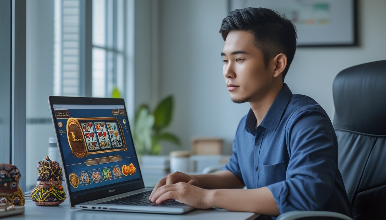 Seorang dewasa muda Indonesia bermain game kasino online di laptop di ruang kerja yang rapi dan terang.