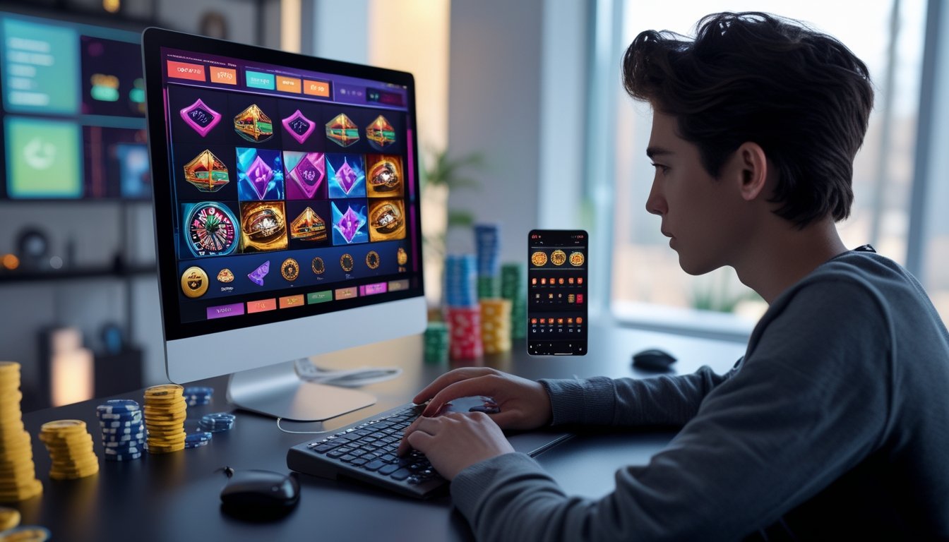 Seorang pemain muda sedang bermain game kasino online di komputer dengan tampilan permainan yang berwarna-warni dan modern di lingkungan rumah yang rapi.