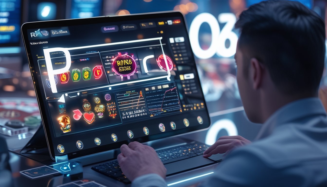 Seseorang sedang menganalisis grafik dan permainan kasino digital di layar komputer dengan latar belakang elemen kasino seperti chip dan kartu.