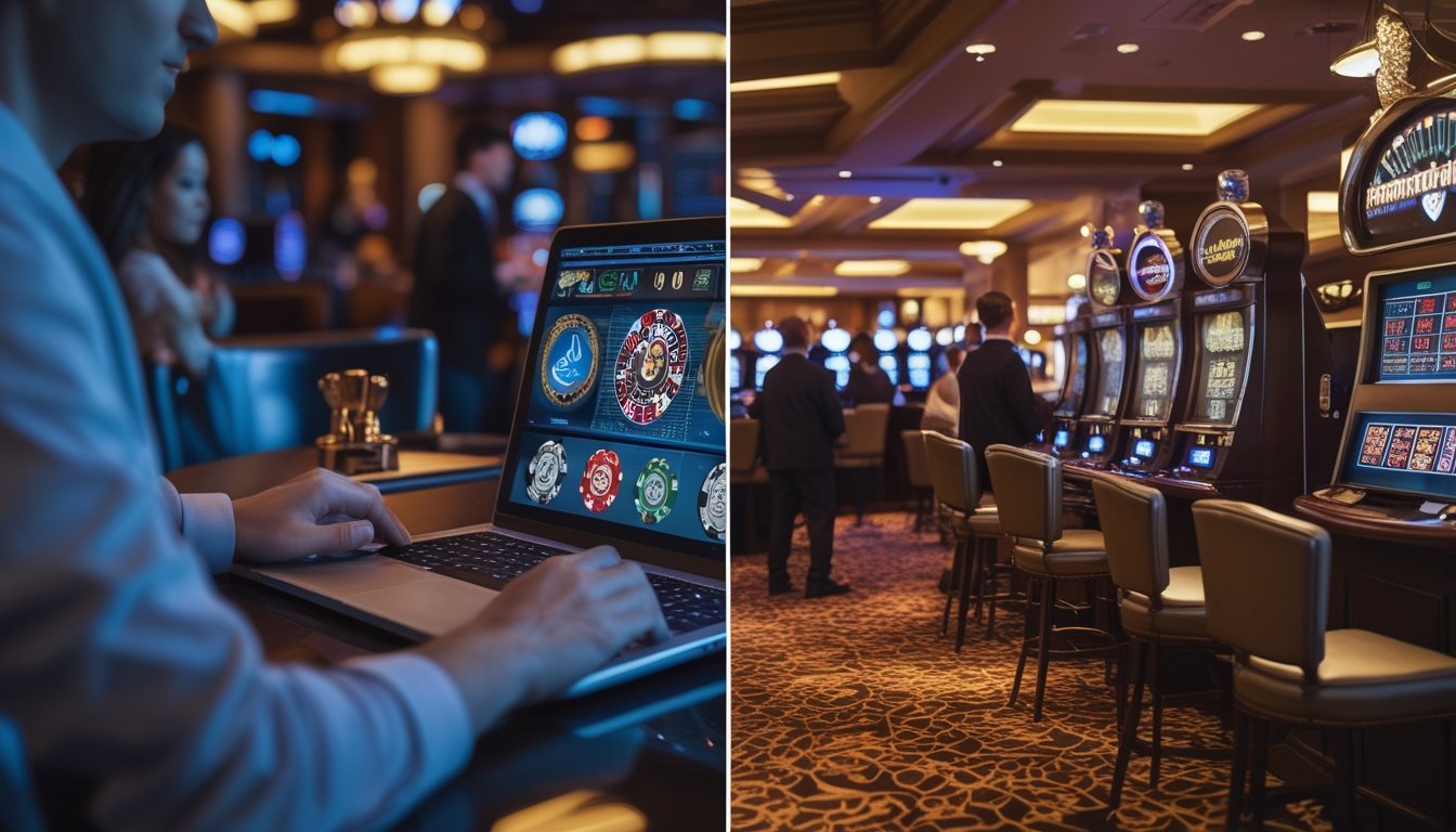 Gambaran perbandingan antara bermain game kasino online di rumah dengan suasana kasino darat yang ramai dan mewah.