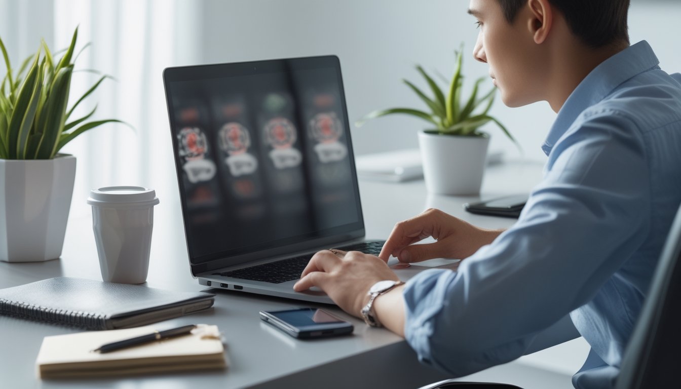 Seorang dewasa muda duduk di meja dengan laptop, mencatat dan mengelola uang saat bermain permainan kasino online.