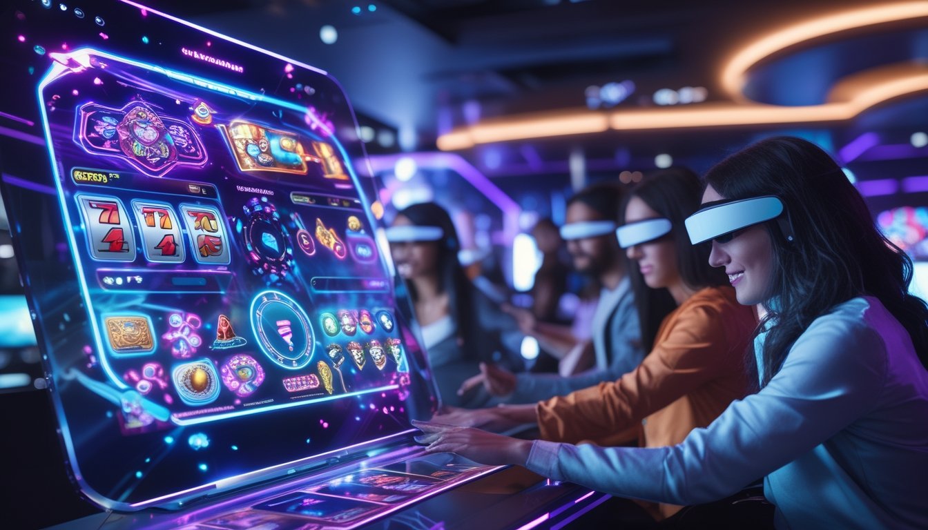 Beberapa orang sedang bermain permainan kasino online dengan antarmuka digital futuristik di ruang bermain berteknologi tinggi.