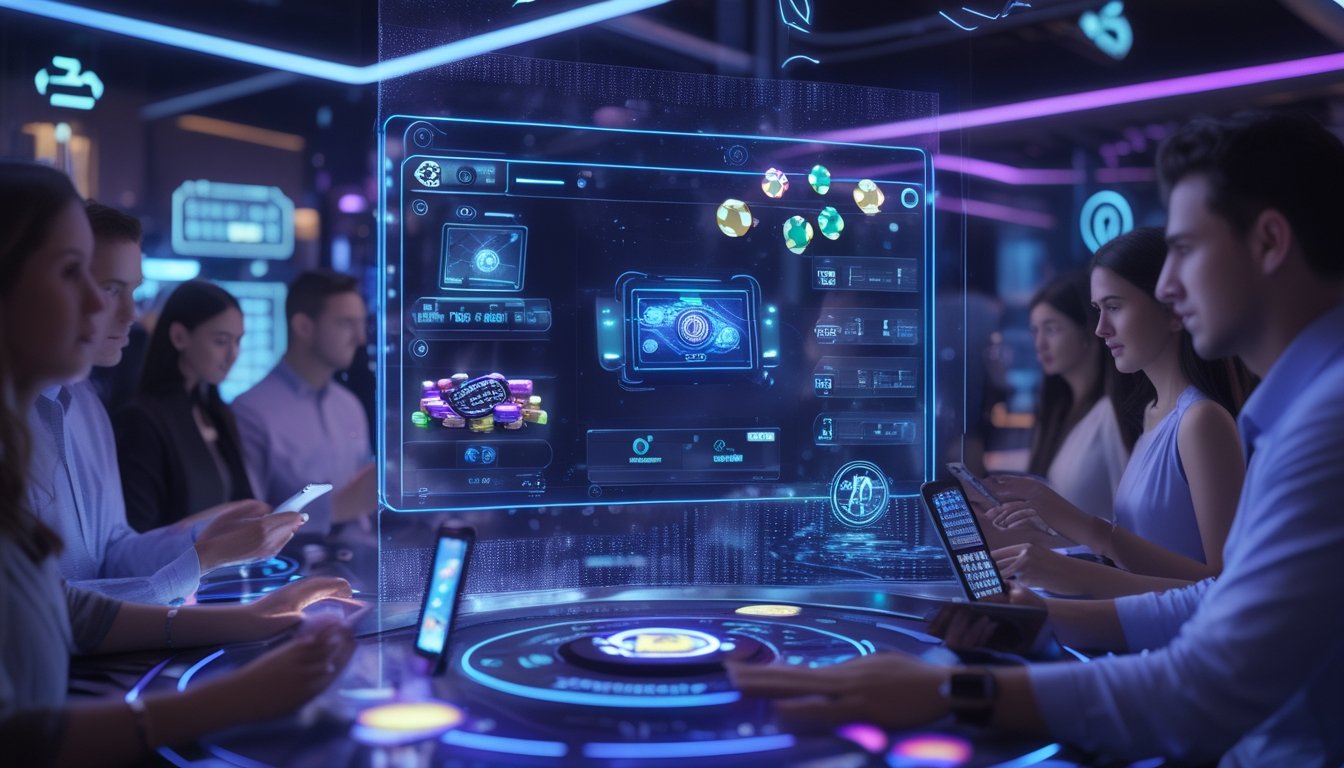 Beberapa orang bermain permainan kasino online dengan antarmuka digital futuristik di layar besar dalam suasana lounge modern.