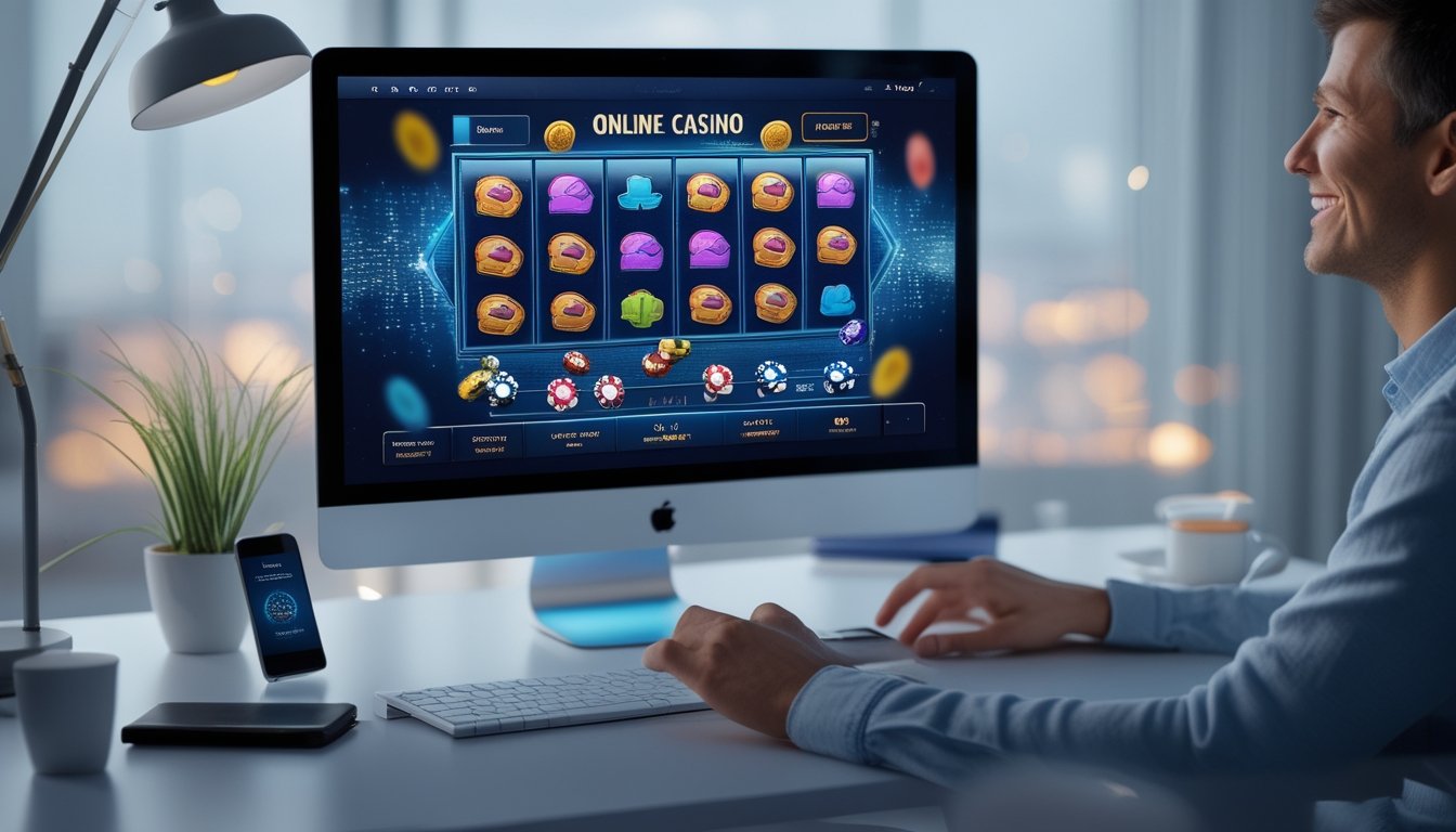 Seorang pemain dewasa duduk di depan komputer dengan layar menampilkan permainan kasino online, terlihat antusias dan fokus bermain.