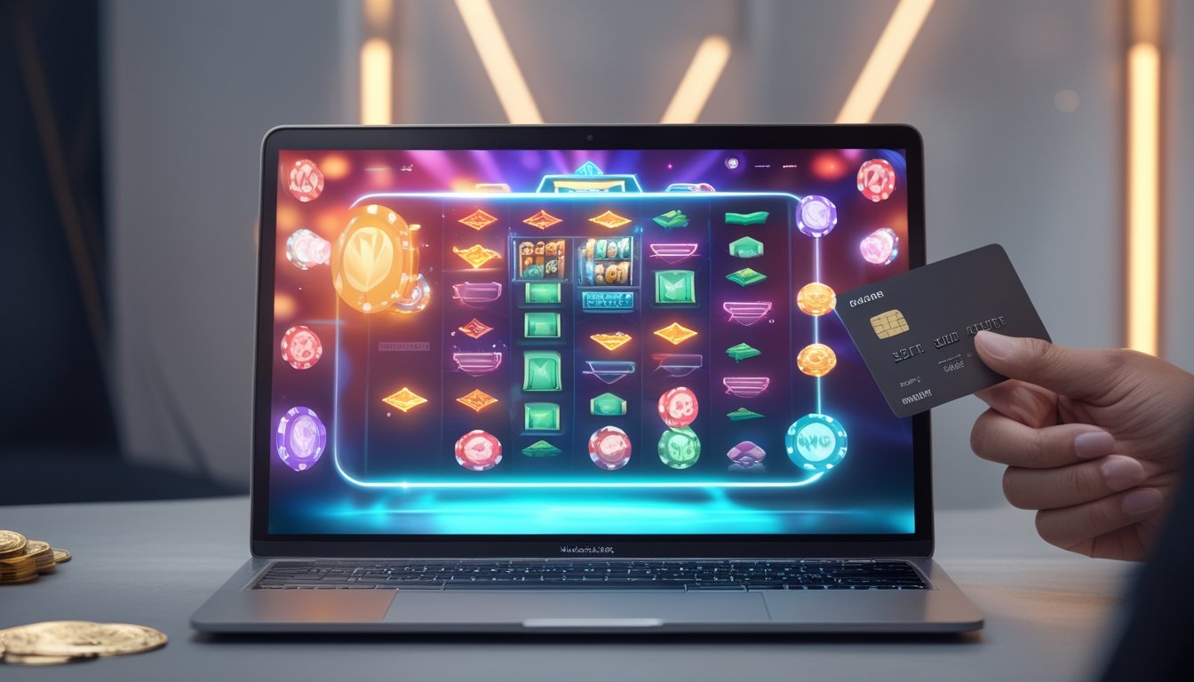 Seorang pengguna sedang melakukan deposit di situs casino online dengan tampilan layar komputer yang menampilkan mesin slot dan chip poker.
