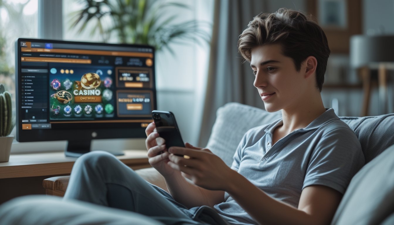 Seorang dewasa muda bermain permainan kasino online di smartphone sambil di dekatnya terdapat komputer desktop yang juga menampilkan permainan kasino online.