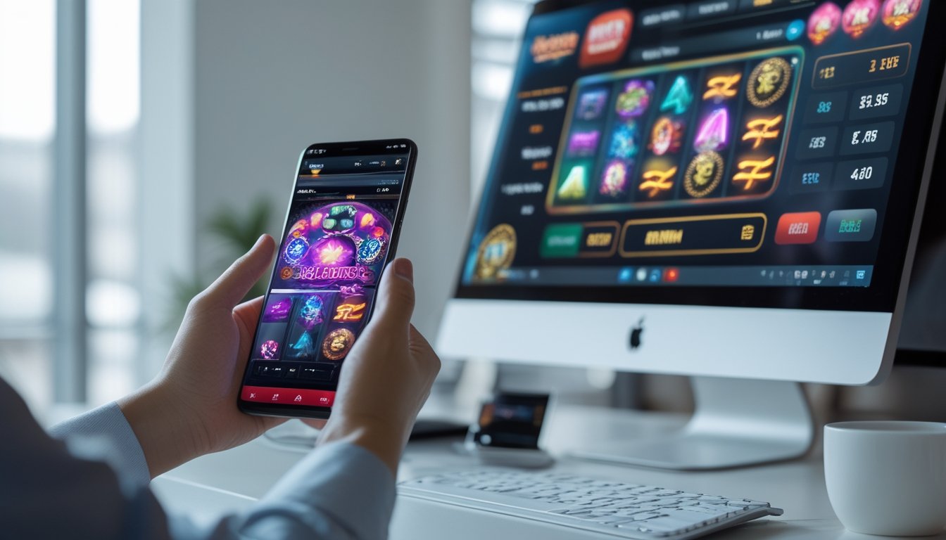 Seseorang memegang smartphone dengan permainan kasino online di layar, di samping komputer desktop yang juga menampilkan permainan kasino online.