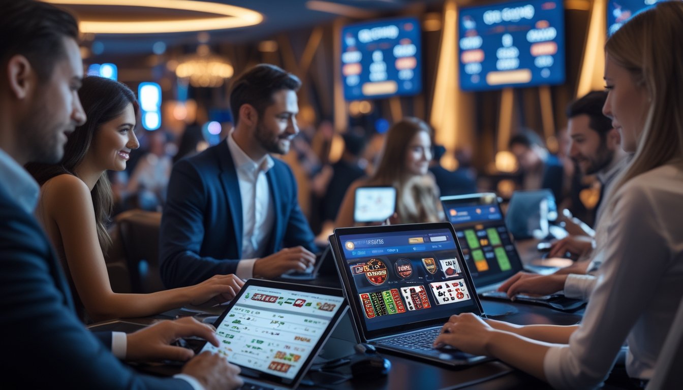 Orang-orang bermain berbagai permainan kasino online menggunakan laptop dan tablet di sebuah lounge futuristik.