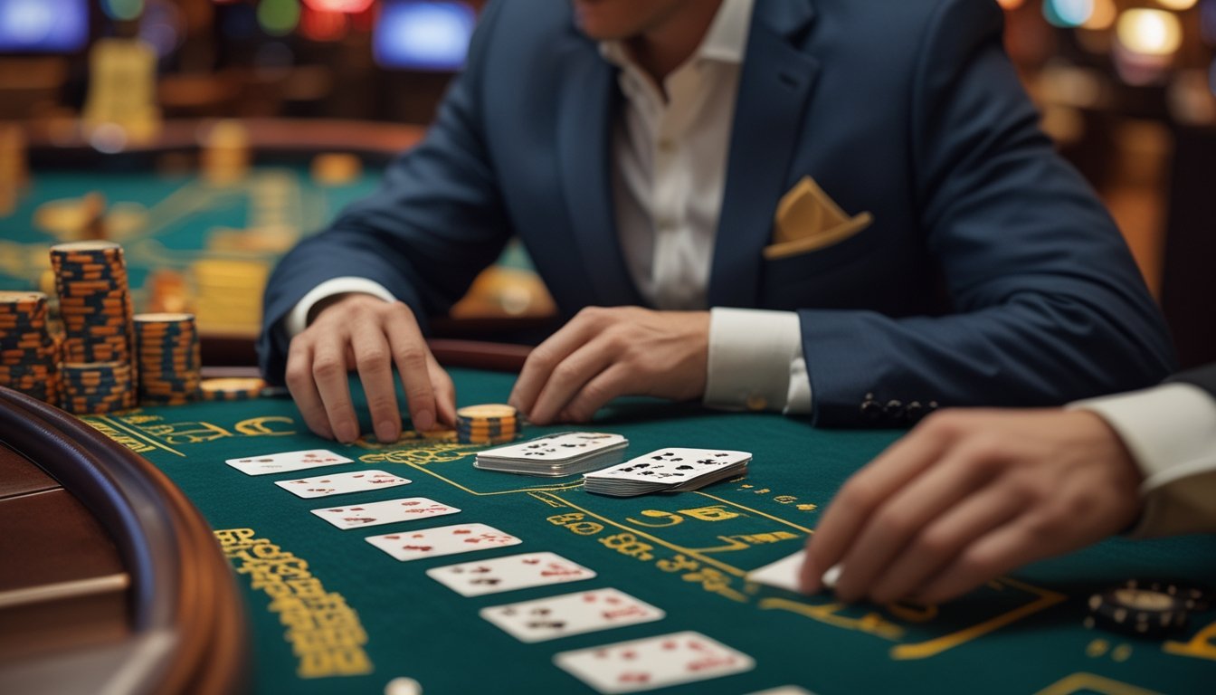 Seorang pemain profesional sedang fokus bermain blackjack di meja kasino dengan kartu dan chip tertata rapi.