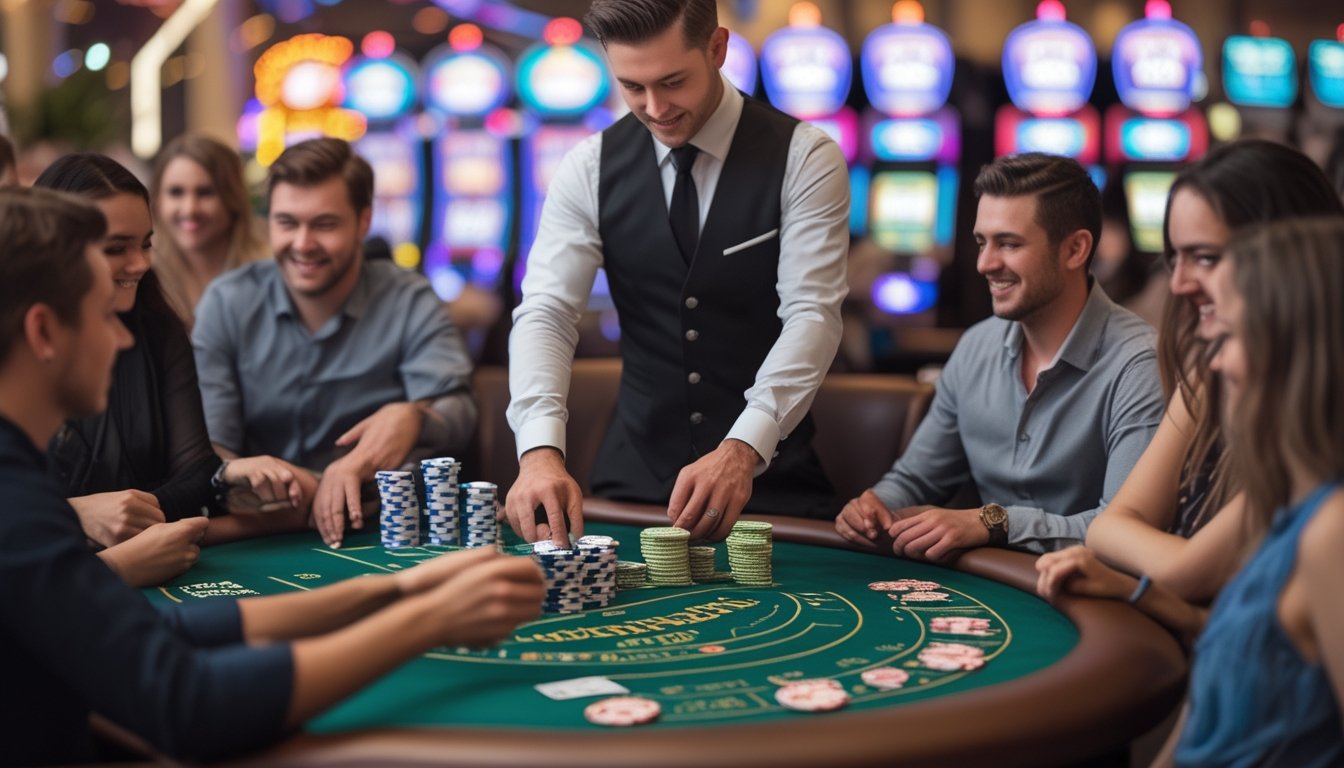Meja blackjack di kasino Vegas Strip dengan dealer dan beberapa pemain yang sedang bermain kartu.