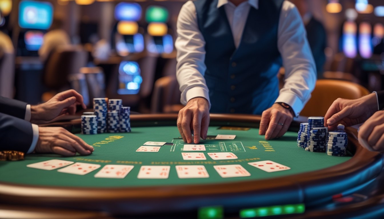 Meja blackjack Vegas Strip dengan dealer membagikan kartu kepada pemain di kasino yang terang dan elegan.