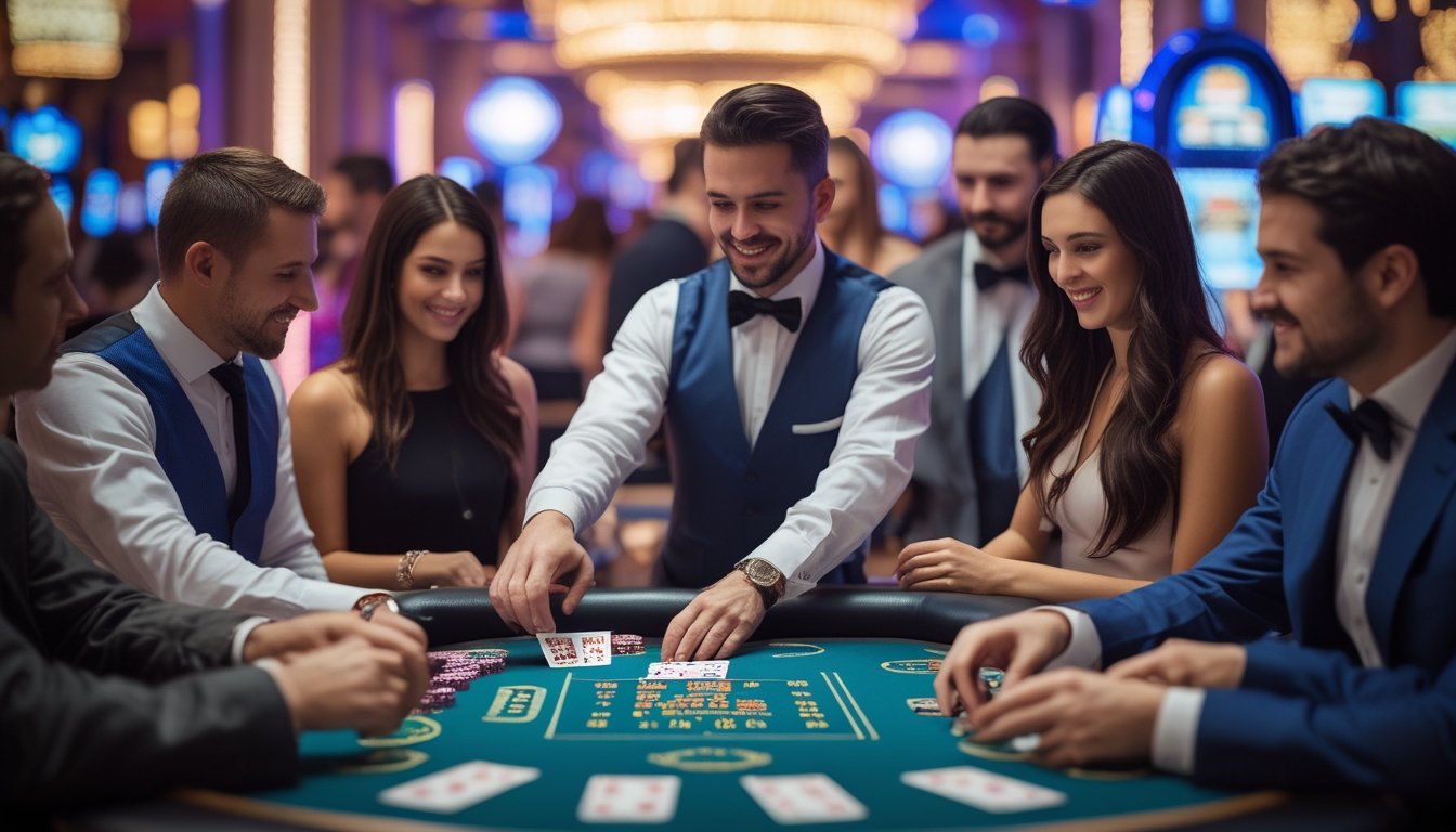 Beberapa orang bermain blackjack di meja kasino di Las Vegas dengan dealer yang membagikan kartu, dikelilingi lampu neon dan mesin slot.