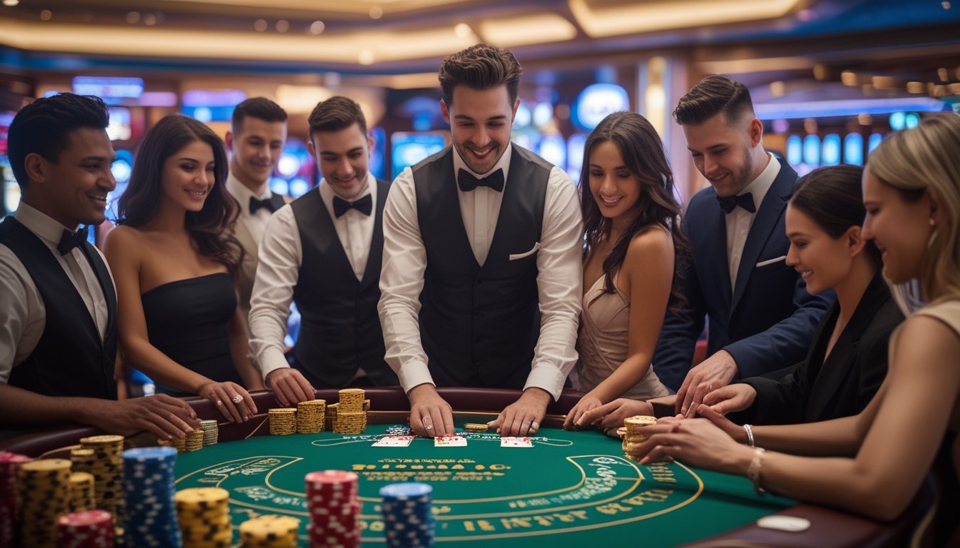 Sekelompok pemain berjudi di meja blackjack di kasino yang ramai dengan dealer membagikan kartu.