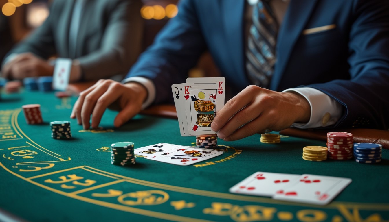 Meja blackjack di kasino dengan dealer membagikan kartu kepada pemain yang duduk mengelilingi meja hijau dengan chip dan kartu.