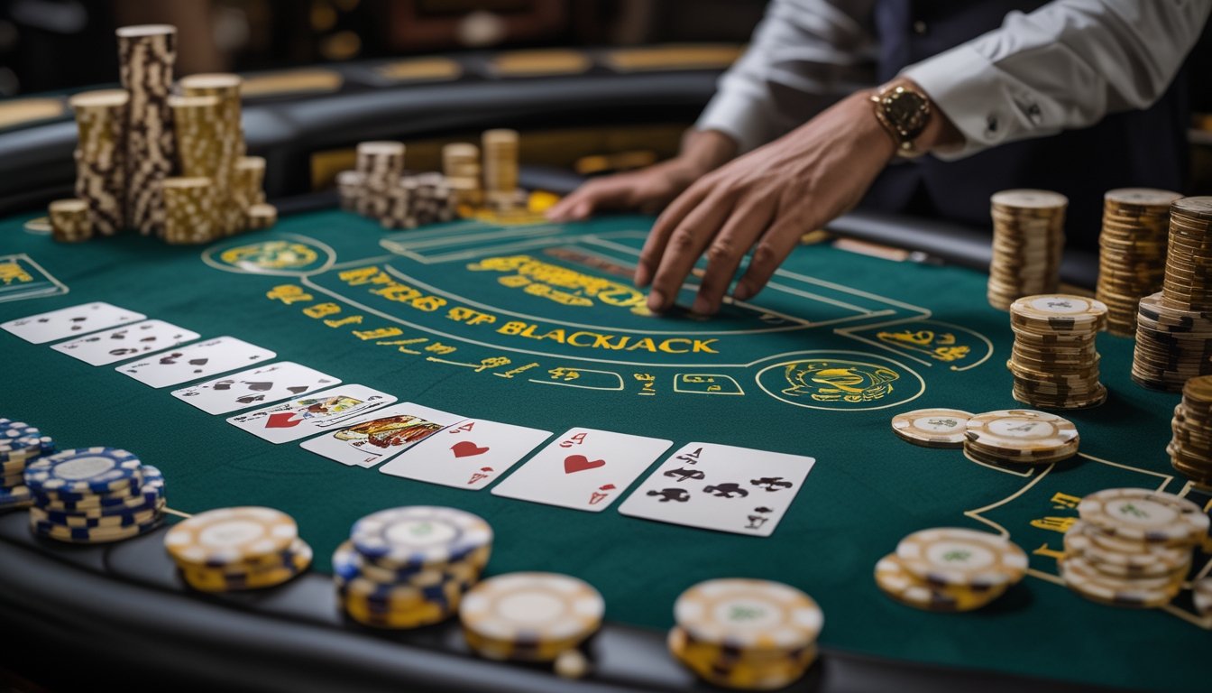 Meja blackjack kasino dengan kartu dan chip, menampilkan suasana permainan blackjack yang elegan dan profesional.