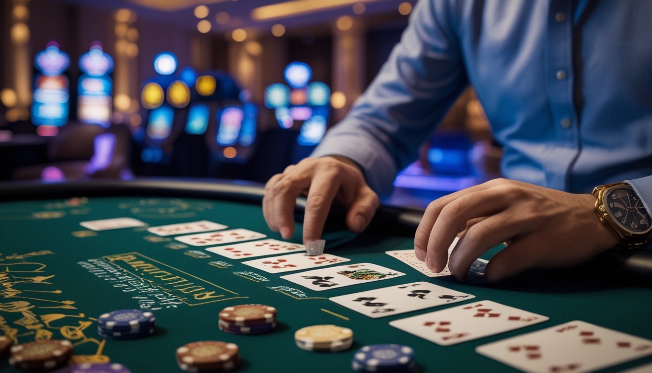 Seseorang sedang bermain blackjack di meja kasino dengan kartu dan chip taruhan.