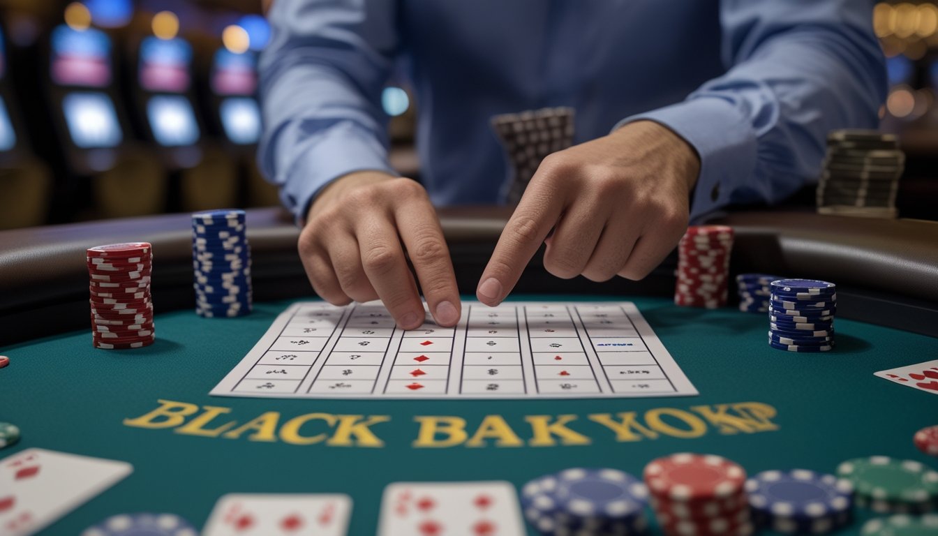 Tangan seseorang menunjuk pada tabel strategi blackjack di atas meja kasino dengan kartu dan chip poker.