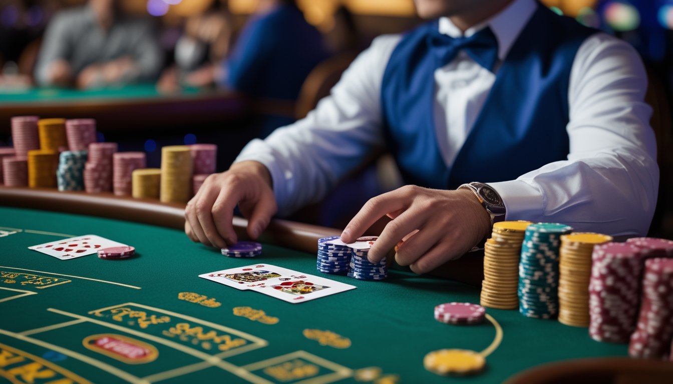 Seorang pemain berjubah rapi sedang bermain blackjack di meja kasino dengan dealer yang membagikan kartu.